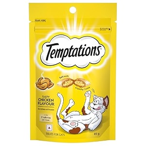 temptations crunchy cat treats tasty chicken flavour 85 g goodness of protein vitamins amp minerals soft inside crunchy outside pack of 6 adult chunk