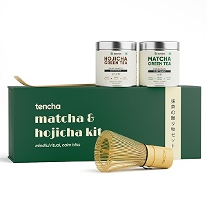 tencha matcha and hojicha tea kit with bamboo whisk and scoop