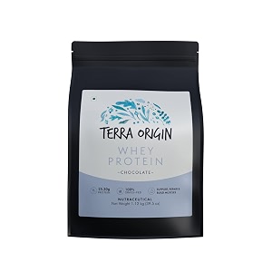 terra origin grass-fed 112kg whey protein 25 gm protein 15 serving scoops high in bcaas and gluten free to helps build your muscle size chocolate