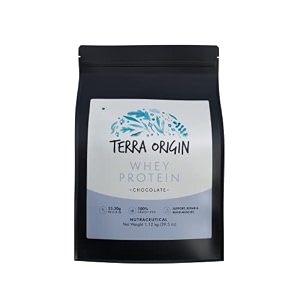 terra origin grass-fed 112kg whey protein 25 gm protein 15 serving scoops high in bcaas and gluten free to helps build your muscle size chocolate
