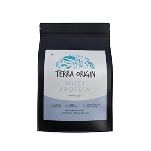 terra origin grass-fed 112kg whey protein 25 gm protein 30 serving scoops high in bcaas and gluten free to helps build your muscle size flavour vanilla