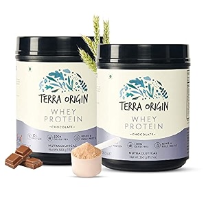 terra origin grass-fed chocolate whey protein 25 gm protein 15 serving scoops high in bcaas and gluten free to helps build your muscle size pack of 2 x 560gm