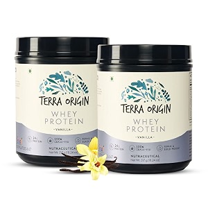 terra origin grass-fed vanilla whey protein 24 gm protein 15 serving scoops high in bcaas and gluten free to helps build your muscle size pack of 2 x 517gm