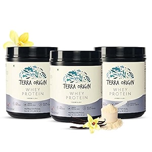 terra origin grass-fed vanilla whey protein 24 gm protein 15 serving scoops high in bcaas and gluten free to helps build your muscle size pack of 3 x 517gm