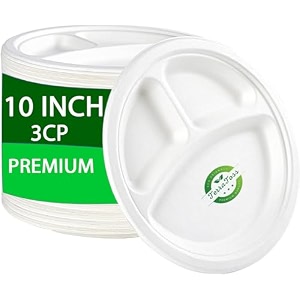 disposable bagasse plates  10 inch 3-compartment round  100 pack  disposable bagasse plates  biodegradable  sugarcane paper plates  birthday amp party 10 inch 100