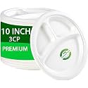 Disposable Paper Plates | 10 inch 3-Compartment Round Bagasse Dinner Plates | 50 Pack Disposable Dinning Plates | Biodegradable | Birthday & Party (10 inch, 50)
