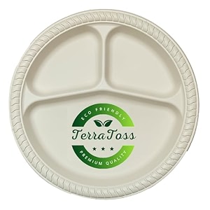 disposable plates 100 biodegradable  10 inch 3-compartment round  100 pack  premium amp non-soggy  cornstarch made disposable plates  paper plates 10 inch 100