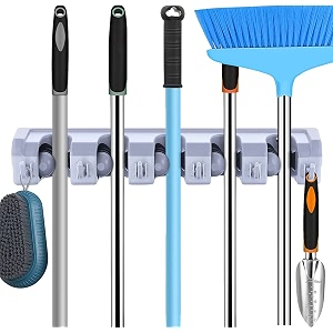tetrix mop holder and broom holder 5 slot position with 6 hooks garage holder wall mounted unbreakable hanging utility mop broom cleaning tool holder grey color - plastic bracket shelf
