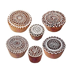 textile wood blocks asian round floral shape printing stamps set of 6