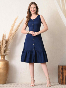 TextileNow Women A-line Dark Blue Below Knee