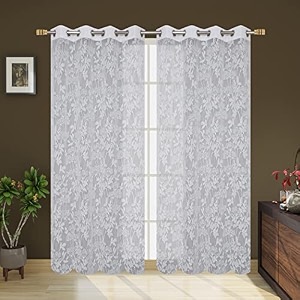 polyester net light weight floral print sheer curtains for door balcony room partition home decor 9 feet long white set of 2