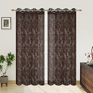 polyester net light weight floral print sheer curtains for door balcony room partition home decor 9 feet long brown set of 2