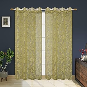 polyester net light weight floral print sheer curtains for door balcony room partition home decor 9 feet long green set of 2
