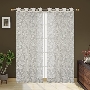 polyester net light weight floral print sheer curtains for door balcony room partition home decor 9 feet long cream set of 2