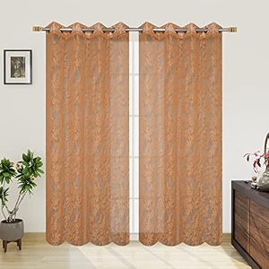 polyester net light weight floral print sheer curtains for window balcony room partition home decor 6 feet long gold set of 2