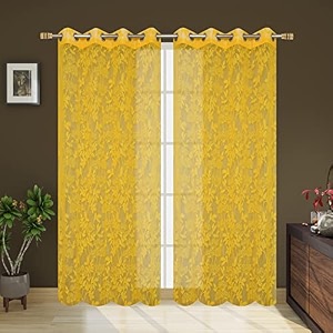 polyester net light weight floral print sheer curtains for door balcony room partition home decor 8 feet long yellow set of 2