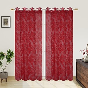polyester net light weight floral print sheer curtains for door balcony room partition home decor 12 feet long maroon set of 2