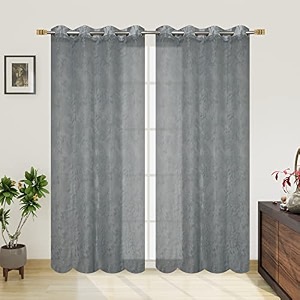 polyester net light weight floral print sheer curtains for window balcony room partition home decor 5 feet long grey set of 2