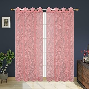 polyester net light weight floral print sheer curtains for door balcony room partition home decor 8 feet long pink set of 2