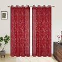 Polyester Net Light Weight Floral Print Sheer Curtains for Door Balcony Room Partition Home Decor, 8 feet Long, Maroon, Set of 2