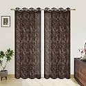 Polyester Net Light Weight Floral Print Sheer Curtains for Door Balcony Room Partition Home Decor, 8 feet Long, Brown, Set of 2