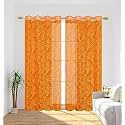 Polyester Net Light Weight Floral Print Sheer Curtains for Door Balcony Room Partition Home Decor, 9 feet Long, Orange, Set of 2