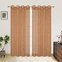 Polyester Net Light Weight Floral Print Sheer Curtains for Door Balcony Room Partition Home Decor, 10 feet Long, Gold, Set of 2