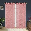 Polyester Net Light Weight Floral Print Sheer Curtains for Door Balcony Room Partition Home Decor, 9 feet Long, Pink, Set of 2