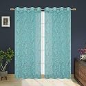 Polyester Net Light Weight Floral Print Sheer Curtains for Door Balcony Room Partition Home Decor, 7 feet Long, Aqua, Set of 2