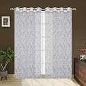 Polyester Net Light Weight Floral Print Sheer Curtains for Door Balcony Room Partition Home Decor, 8 feet Long, White, Set of 2