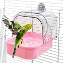 Tfwadmx Bird Cage Bath Hanging Parrot Bath Tub Water Shower Food Feeder Holder Tray Bird Bath Supplies for Small Birds Canary Budgies Cockatiel Lovebirds (Pink)