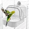 Tfwadmx Bird Cage Bath Hanging Parrot Bath Tub Water Shower Food Feeder Holder Tray Bird Bath Supplies for Small Birds Canary Budgies Cockatiel Lovebirds (White)