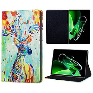 tgk printed classic design leather folio flip case with viewing stand protective cover for realme pad x 11 inch tab deer-painting