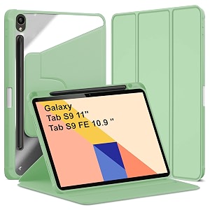 tgk rotating case for samsung galaxy tab s9 11 inchgalaxy tab s9 fe 109 inch with pencil holder trifold stand cover clear back mint green