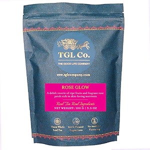 tgl rose glow black tea 100 gram with rose petals raisins mango apricots  vacuum sealed for freshness