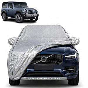 thar 100 waterproof car cover  dustproof sun protection cover  soft cotton lining  triple stitched  mirror pocket  antenna pocket  all weather body cover silver with yellow piping