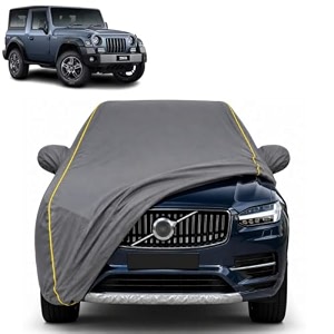 thar 100 waterproof car cover  dustproof sun protection cover  soft cotton lining  triple stitched  mirror pocket  antenna pocket  all weather body cover grey with yellow piping