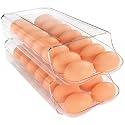 theaoo Egg Holder for Fridge, Automatic Rolling Egg Container, Clear, 2Pack