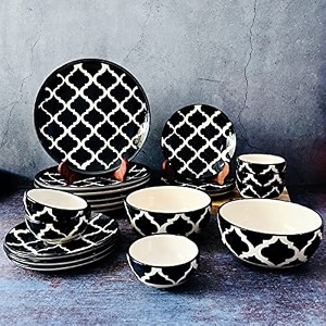 theartisanemporium black moroccan hand-painted ceramic dinner set 20 pieces with serving bowls - 6 dinner plates 6 katoris 6 side plates amp 2 serving bowls 20 pieces serving for 6 microwave safe
