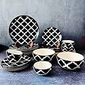 THEARTISANEMPORIUM Black Moroccan Hand-Painted Ceramic Dinner Set 20 Pieces with Serving Bowls - 6 Dinner Plates, 6 Katoris, 6 Side Plates &amp; 2 Serving Bowls (20 Pieces, Serving for 6, Microwave Safe)