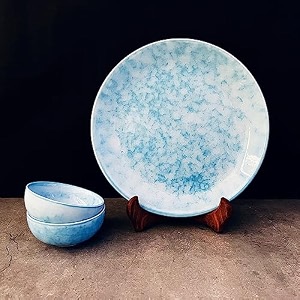 theartisanemporium neelam handcrafted ceramic dinner set of 1 dinner plate and 2 katori bowls dinnerware set 12 pieces serving for 1 microwave safe blue