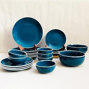 theartisanemporium retro green ceramic dinner set 20 pieces with serving bowls - 6 dinner plates 6 katoris 6 side plates amp 2 serving bowls 20 pieces serving for 6 microwave safe