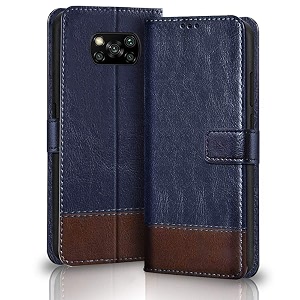 thegiftkart dual-color leather finish poco x3  x3 pro flip back cover  inside pockets amp inbuilt stand  wallet style back case  magnet closure flip back cover for poco x3 pro  x3 blue amp brown