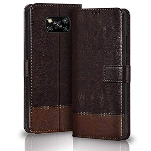 thegiftkart dual-color leather finish poco x3  x3 pro flip back cover  inside pockets amp inbuilt stand  wallet style back case  magnet closure flip back cover for poco x3 pro  x3 coffee amp brown