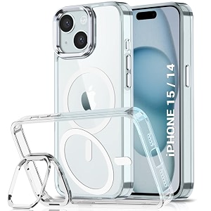 thegiftkart hybrid back cover case for iphone 15  iphone 14  built-in stand  shockproof hard case cover for iphone 15  iphone 14 pc amp tpu clear back magsafe compatible transparent sides
