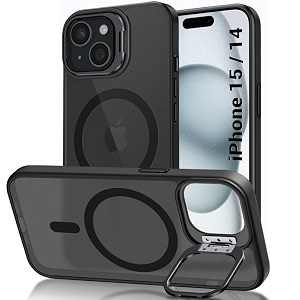 thegiftkart hybrid back cover case for iphone 15  iphone 14  built-in stand  shockproof hard case cover for iphone 15  iphone 14 pc amp tpu frosted matte back magsafe compatible black sides