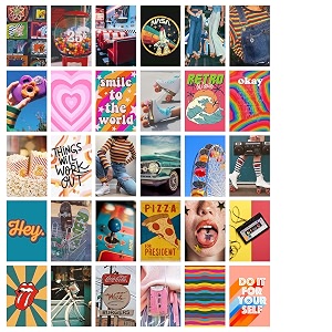 thepaper9store retro wall collage kit set of 30 a6 size  premium 300 gsm thick paper  70s vintage groovy aesthetic posters  retro room decor  glue dots included
