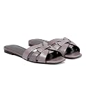 THESHY Women's Flat Sandals Square Toe Patent Leather Comfortable Slip on Slippers Casual Summer Dressy Beach Slide Sandals for Women