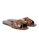 THESHY Women's Flat Sandals Square Toe Patent Leather Comfortable Slip on Slippers Casual Summer Dressy Beach Slide Sandals for Women