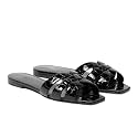 THESHY Women's Flat Sandals Square Toe Patent Leather Comfortable Slip on Slippers Casual Summer Dressy Beach Slide Sandals for Women